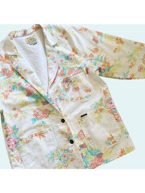 Vintage BONJOUR White Denim Floral Blazer Jacket 80s 90s Size M EUC